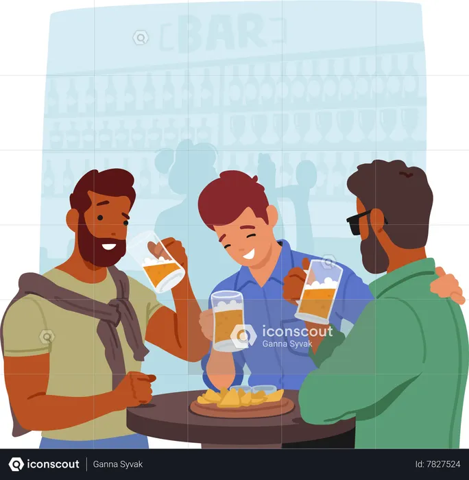 Young Men Friends Enjoy Socializing And Bonding Over Beers and Snacks In A Lively Bar Setting  Illustration