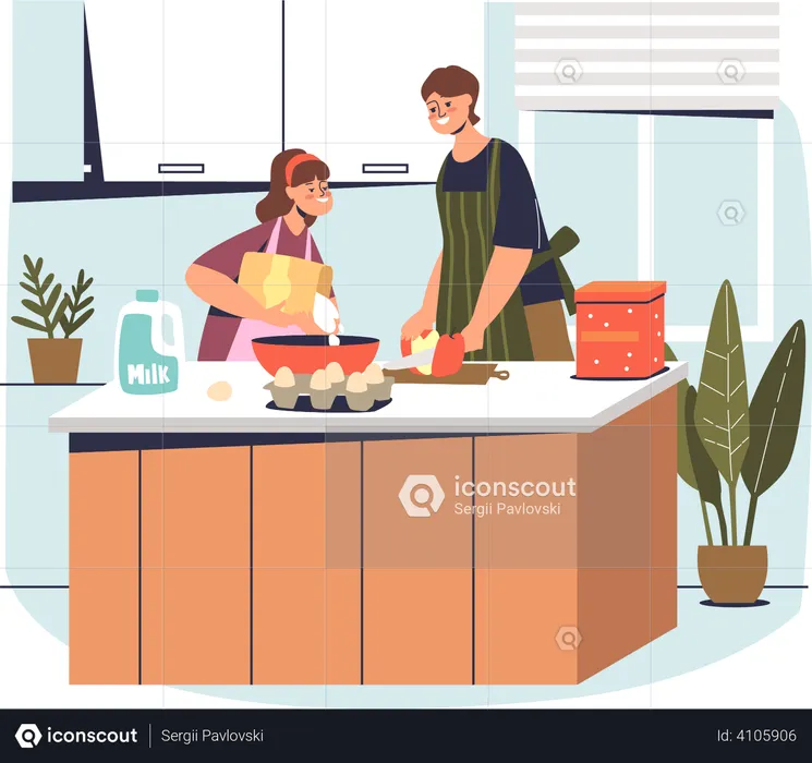 Young mother and daughter making food  Illustration