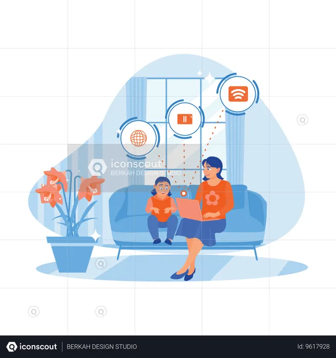 Young Mother And Daughter Sitting On Living Room Sofa  Illustration