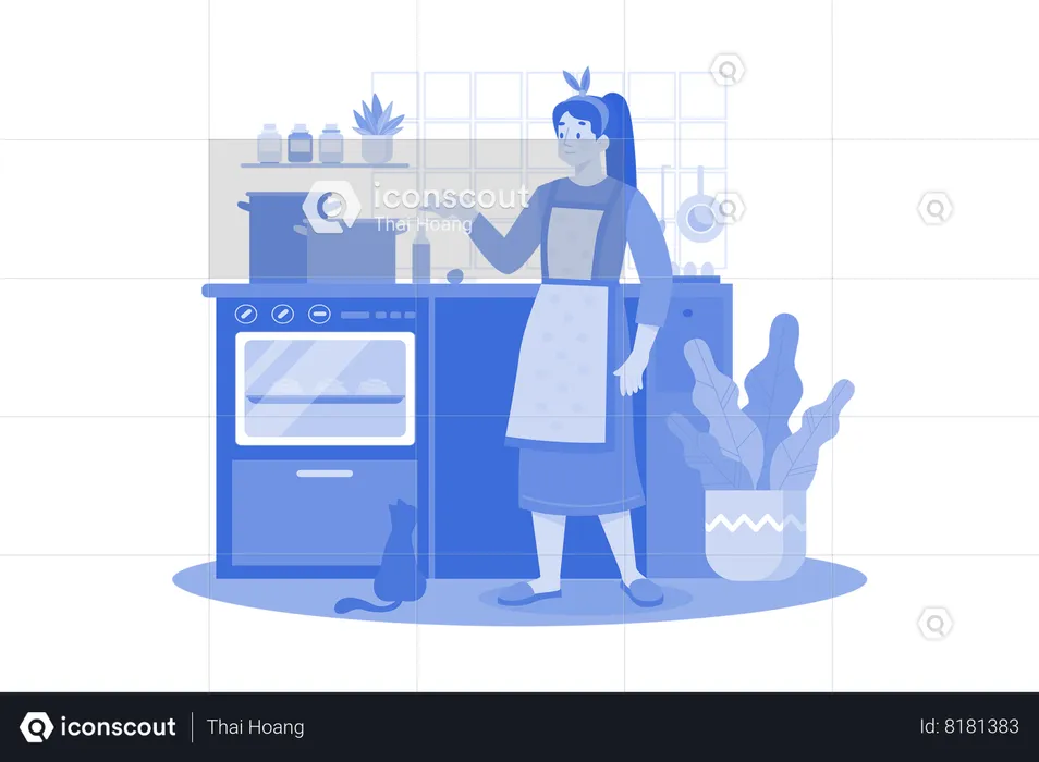 Young mother baking muffins for dessert for her family  Illustration
