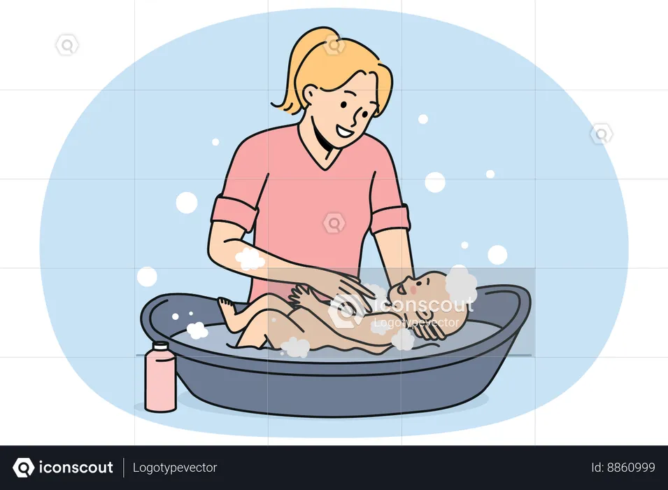 Young mother bathing her baby  Illustration