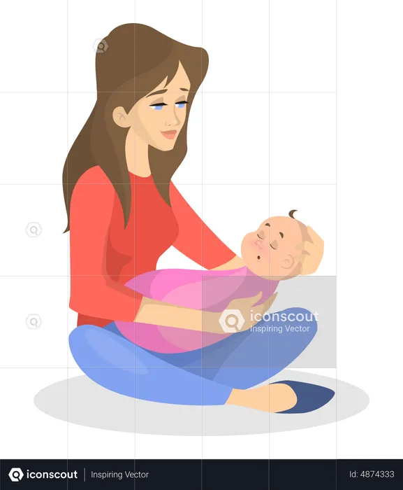 Young mother holding a sleeping newborn child  Illustration