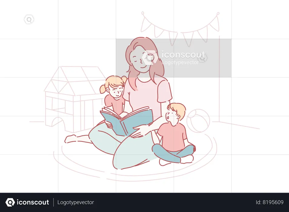 Young mother reading fairy tales to her son and daughter  Illustration