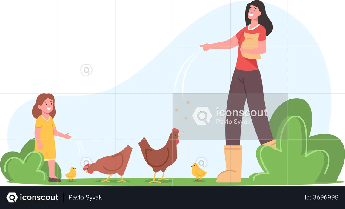 Young Mother with Little Daughter Feeding Fowl on Farm  Illustration