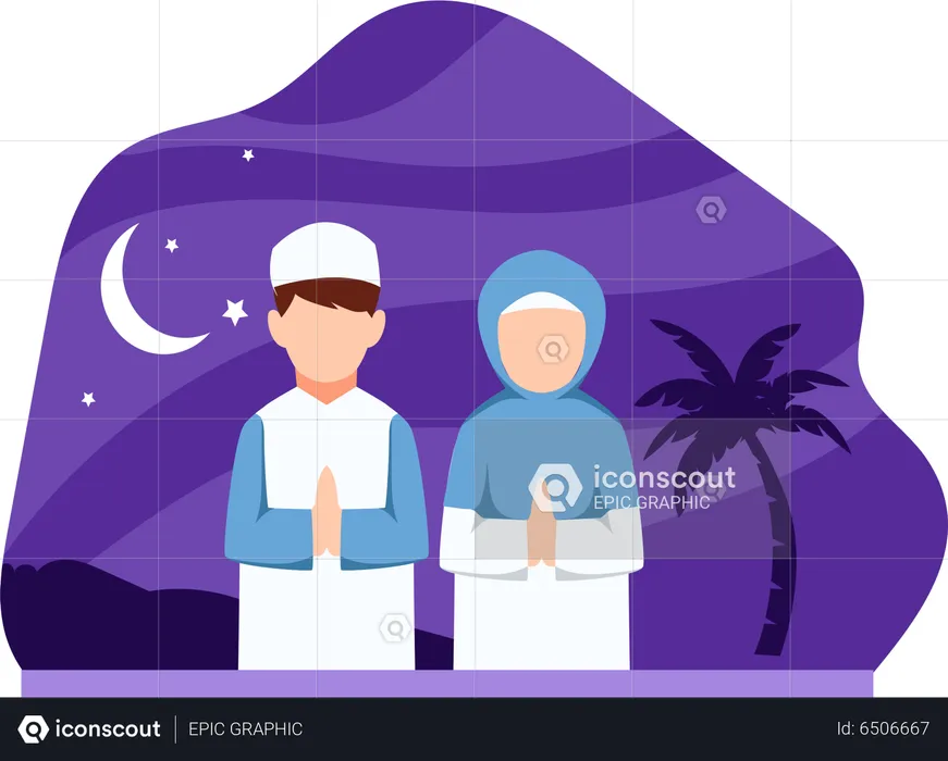 Young muslim couple doing pray  Illustration