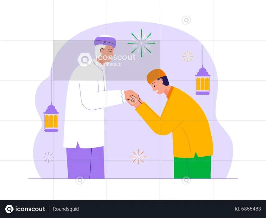 Young muslim man taking blessing from his grand father in ramadan festival  Illustration