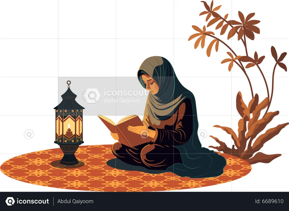 Young Muslim Woman Reading Holy Book  Illustration