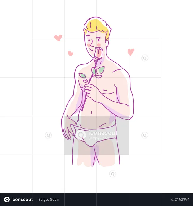 Young naked man holding a rose in his hand and congratulates Women's Day  Illustration