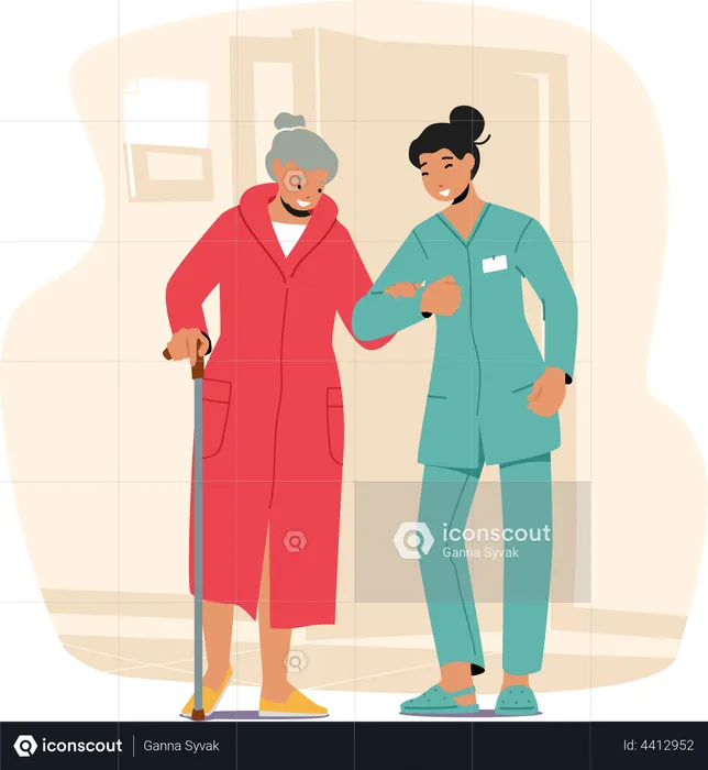Young Nurse Help to Old Woman  Illustration