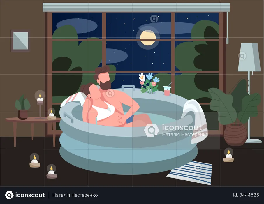 Young parents sitting in bathtub  Illustration