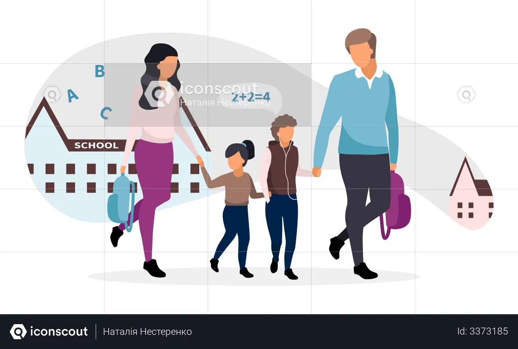 Young parents taking children from school  Illustration
