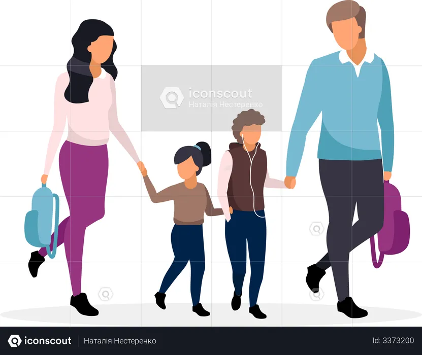 Young parents taking children from school  Illustration