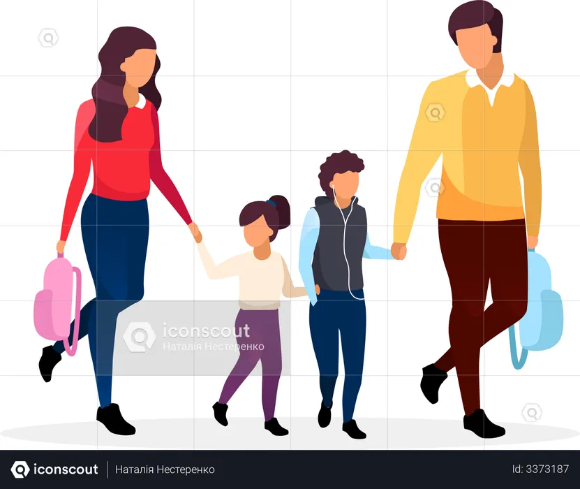 Young parents taking children from school  Illustration