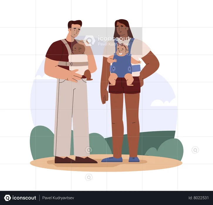 Young parents walking with baby in sling  Illustration
