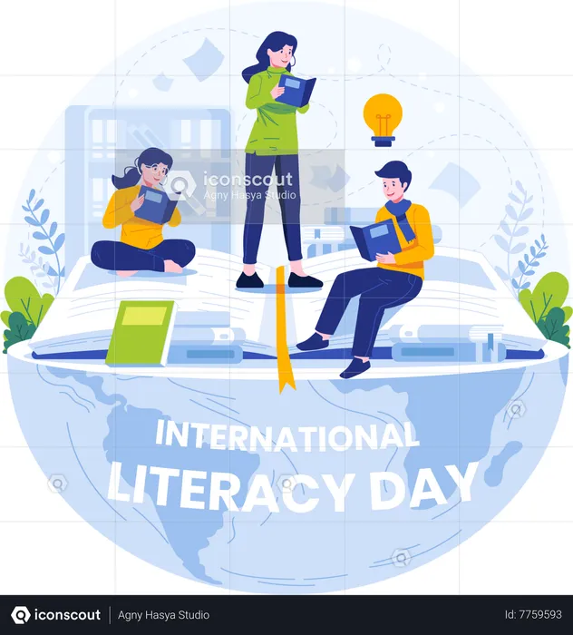 Young People Celebrate Literacy Day by Reading Books  Illustration