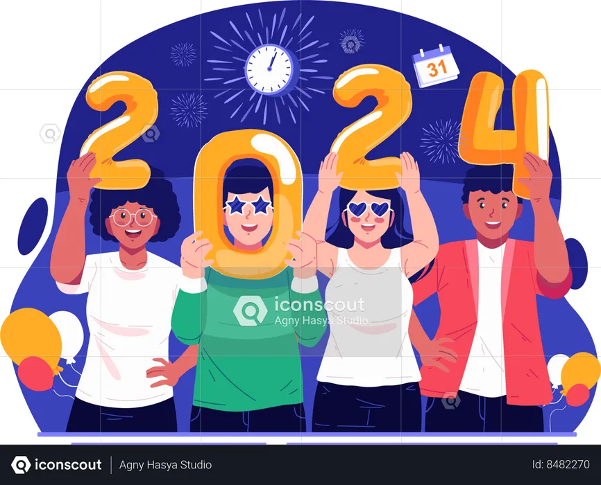 Young People Each Holding a Number That Read 2024  Illustration