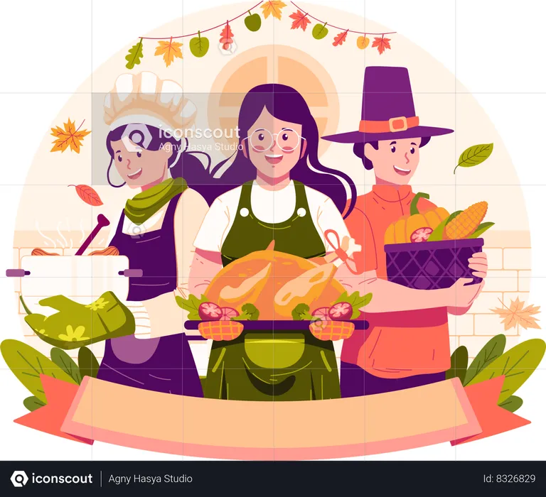 Young People Preparing and Cooking Dishes and Turkey for Thanksgiving Holiday Party  Illustration