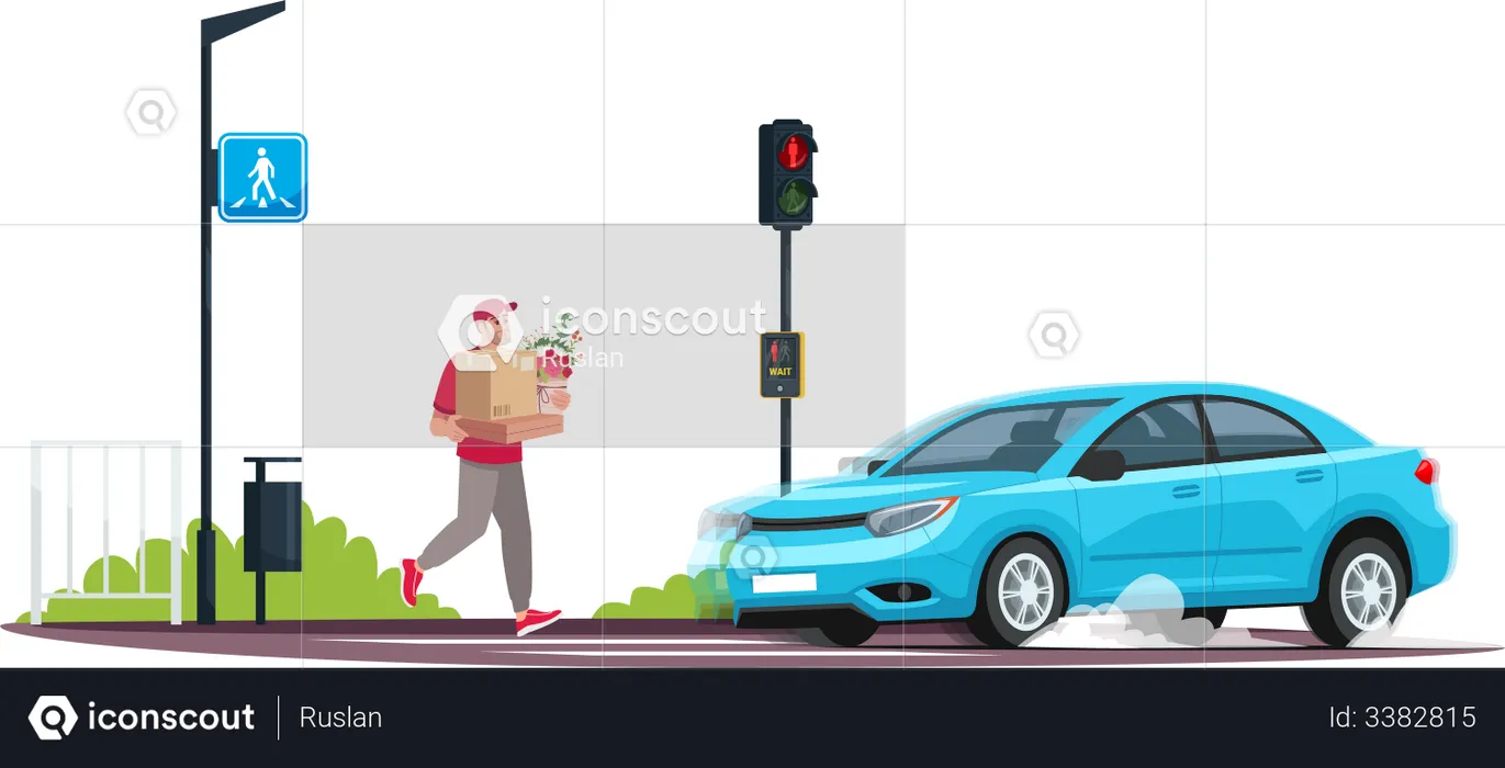 Young person crossing road at red light while a car is coming  Illustration
