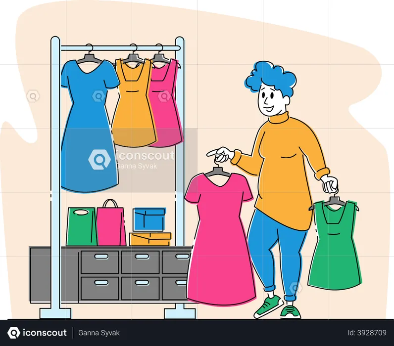 Young Plus Size Woman Choose Fashioned Dress in Store  Illustration