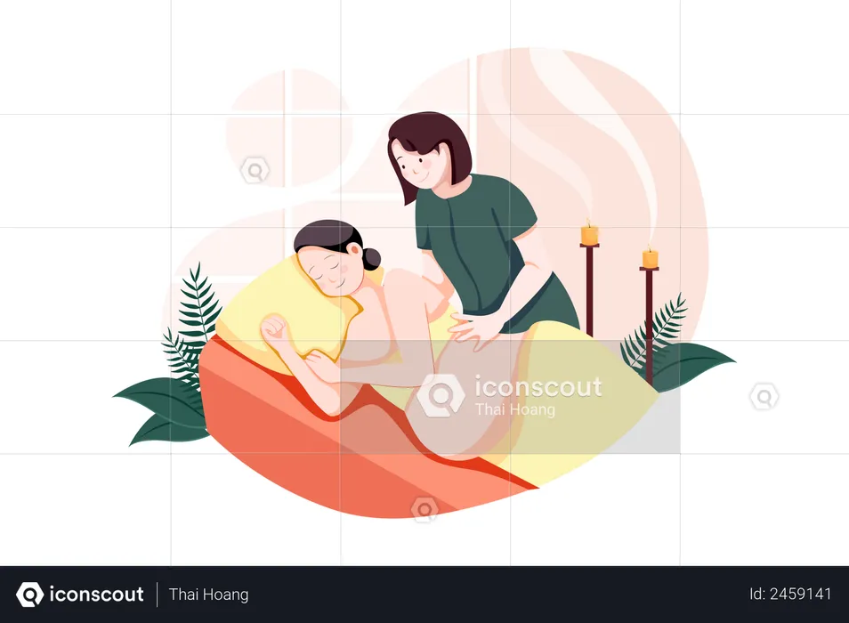Young pregnant woman having massage in spa  Illustration