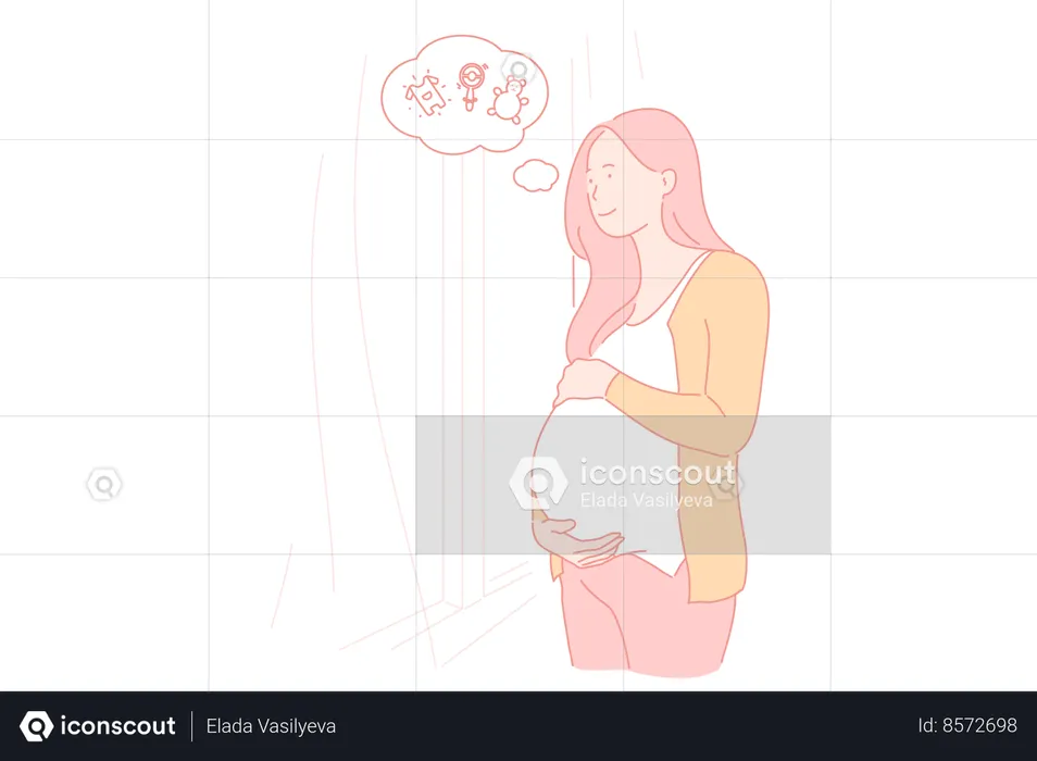 Young pregnant woman thinking about childish toys  Illustration
