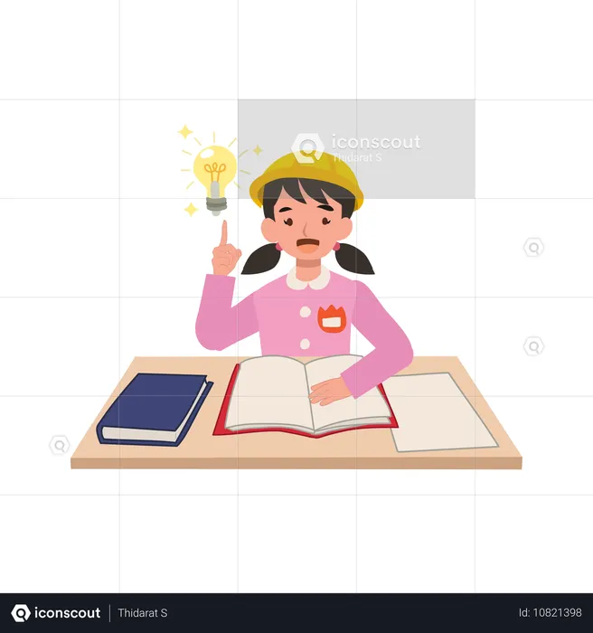 Young preschool girl in japanese uniform sitting at a desk with inspiration concept  Illustration