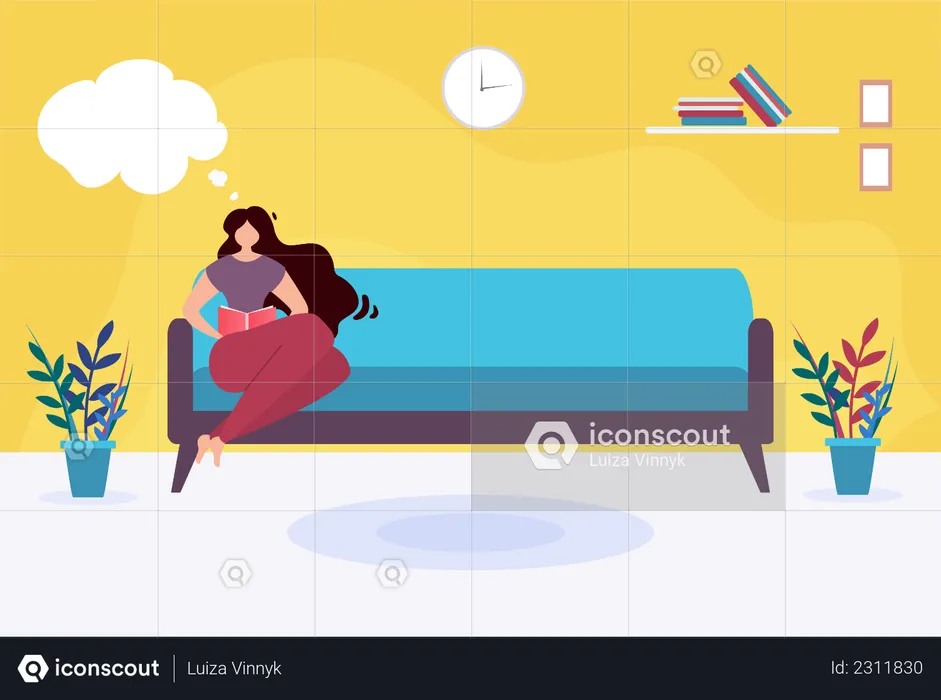 Young Pretty Woman Reading Book on Sofa  Illustration