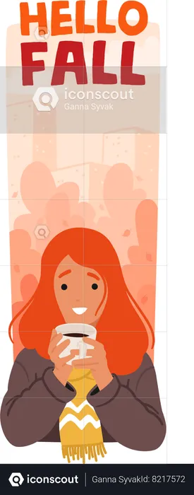 Young redhead woman sips a steaming hot drink amid the colorful foliage of autumn  Illustration