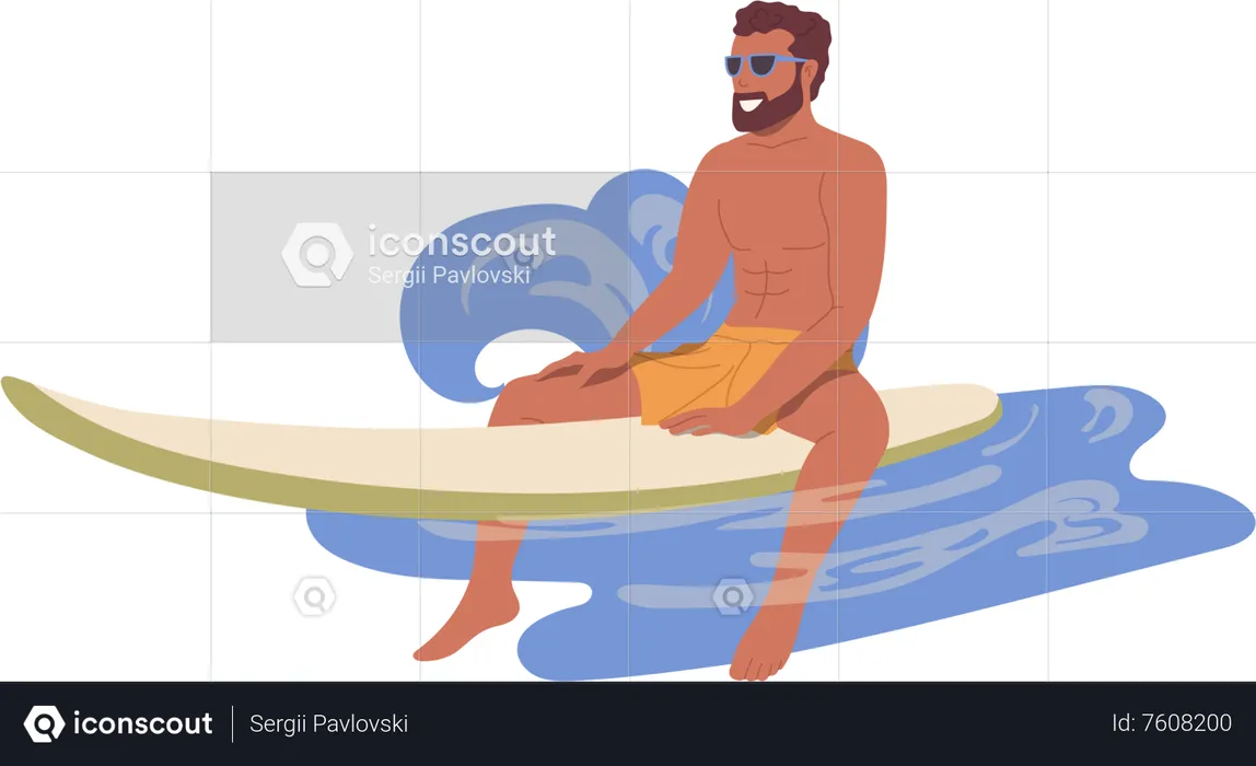 Young relaxed man sitting on surfboard  Illustration