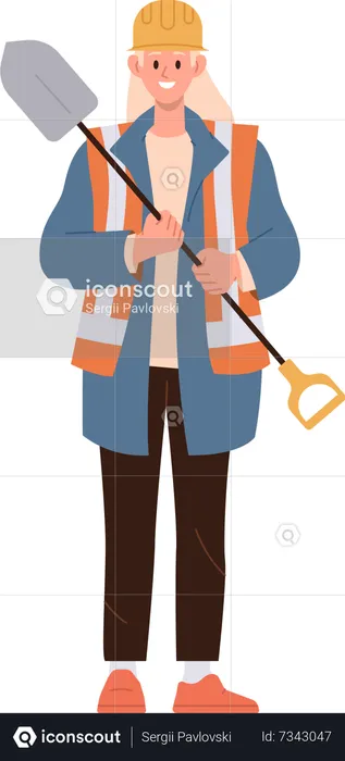 Young road worker in overalls holding shovel  Illustration