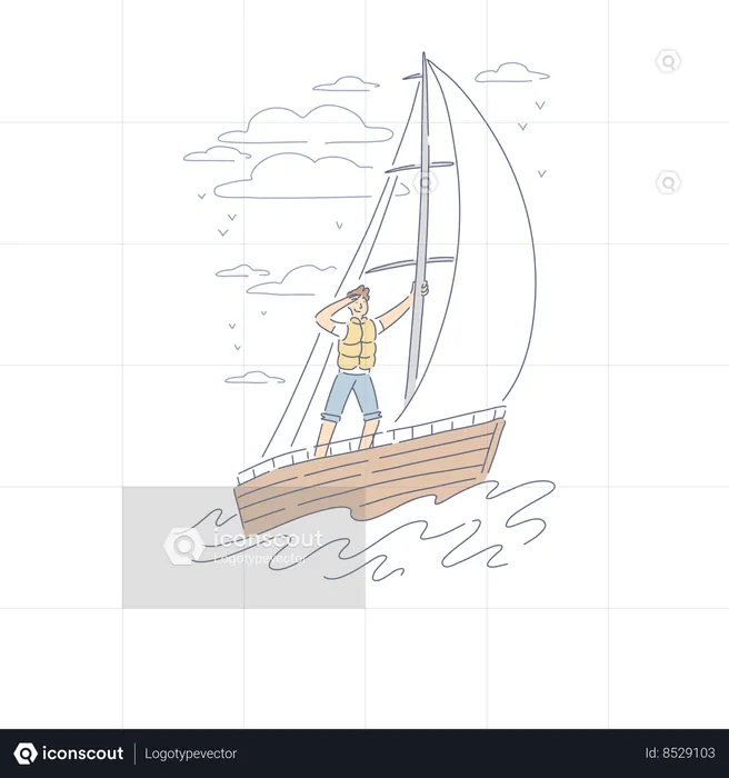 Young Sailor Pursuing Competitors In Sailboat Using Favourable Wind  Illustration