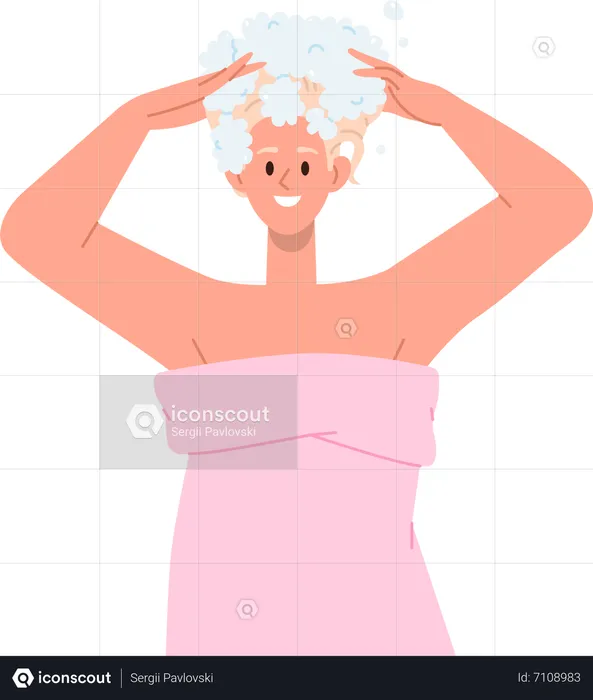 Young satisfied woman washing hair applying shampoo  Illustration