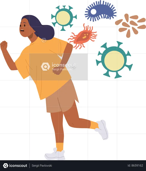 Young scared woman in fear running away from bacterial  Illustration