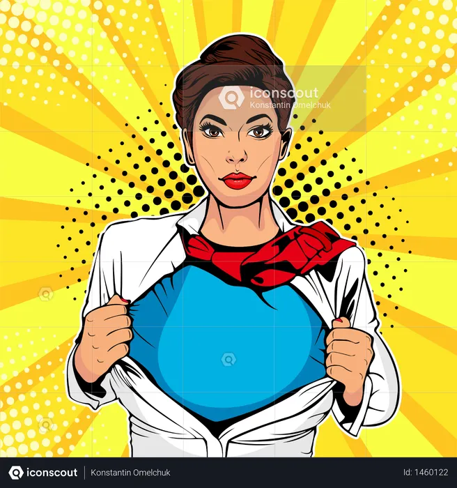 Young sexy woman dressed in white jacket shows superhero t-shirt  Illustration