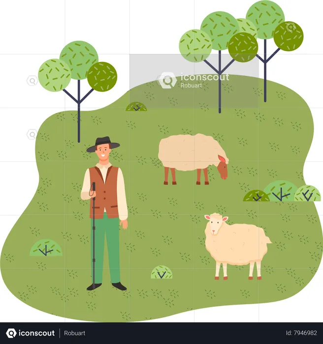 Young shepherd grazes sheep in a park  Illustration