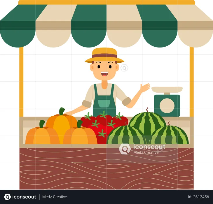 Young shopkeeper selling fresh fruits  Illustration