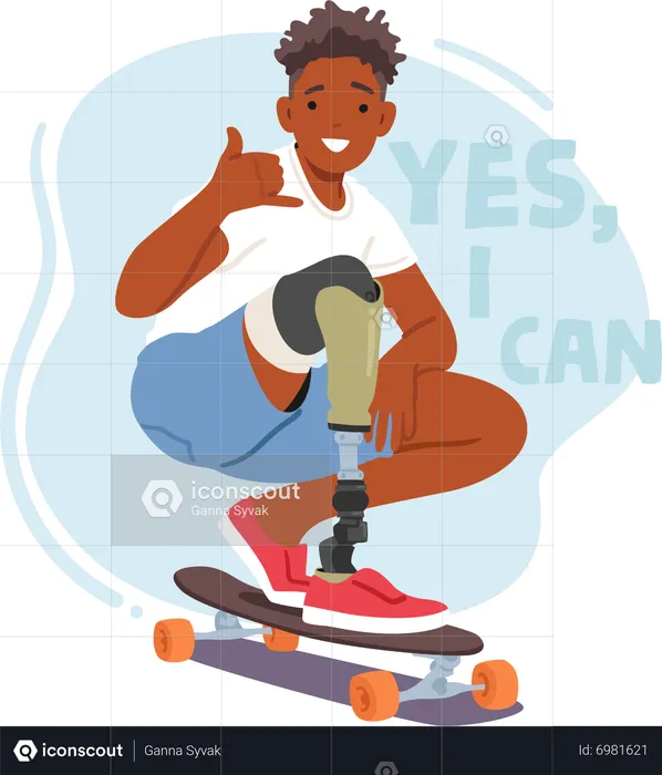 Young Skateboarder Rides With Leg Prosthesis  Illustration