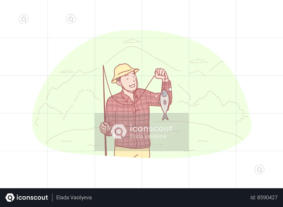 Young smiling fisherman caught big fish from pond  Illustration