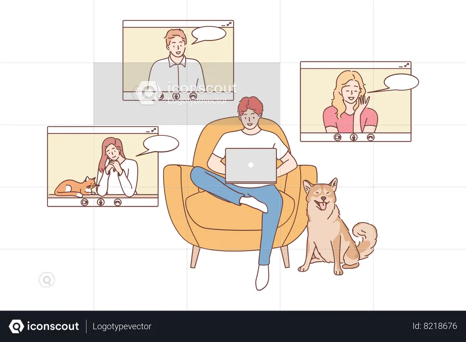 Young smiling people having video call in home office  Illustration