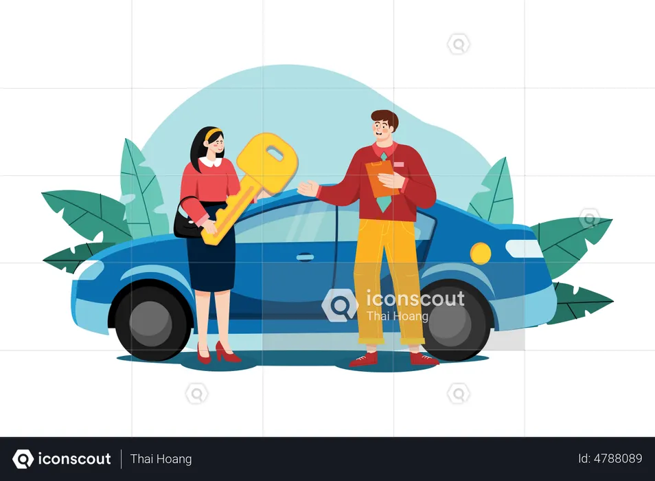 Young smiling woman getting key to a new car  Illustration