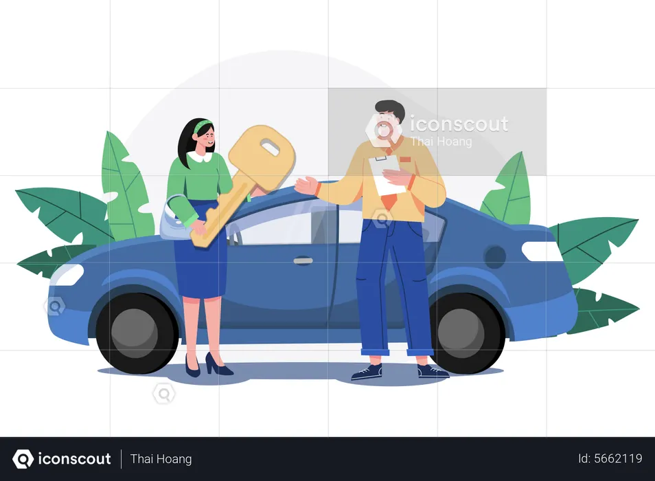 Young Smiling Woman Getting Key To A New Car  Illustration