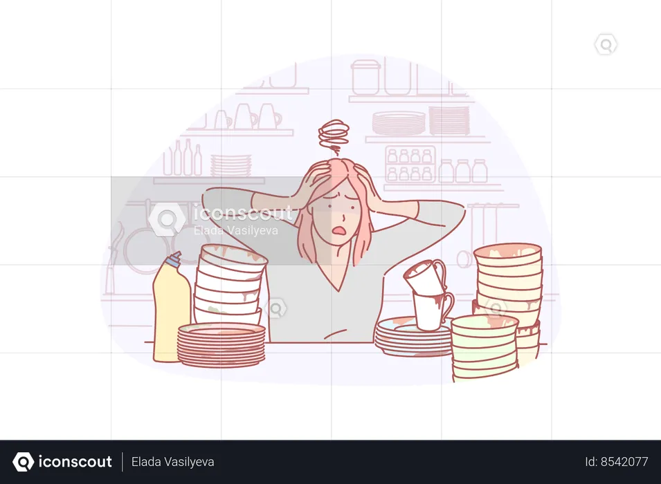 Young stressful housewife shocked by many dirty dish on table in kitchen  Illustration