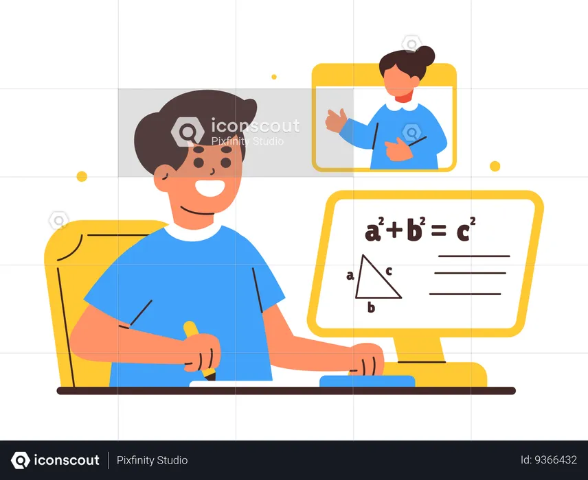 Young Student Engaged in Online Mathematics Class  Illustration