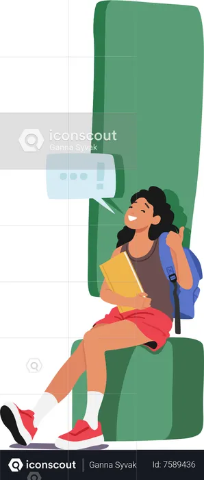 Young Student Female Character Sitting at Huge Exclamation Mark With Books  Illustration