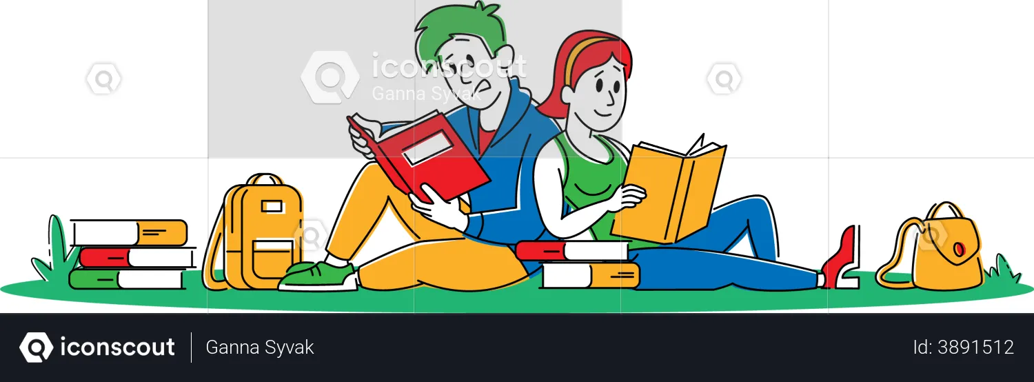 Young Students with Books Sitting on Grass at College  Illustration