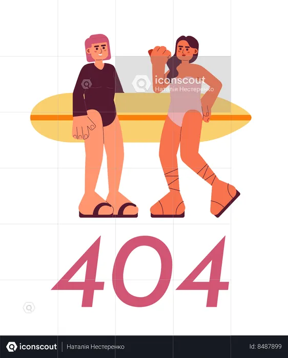 Young surfer girls with surfboard on beach error 404  Illustration