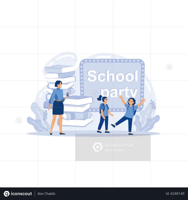 Young teacher and students are enjoying school party  Illustration