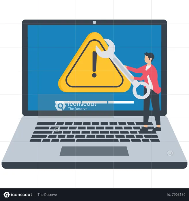 Young technician holding wrench fix system failure message on computer  Illustration