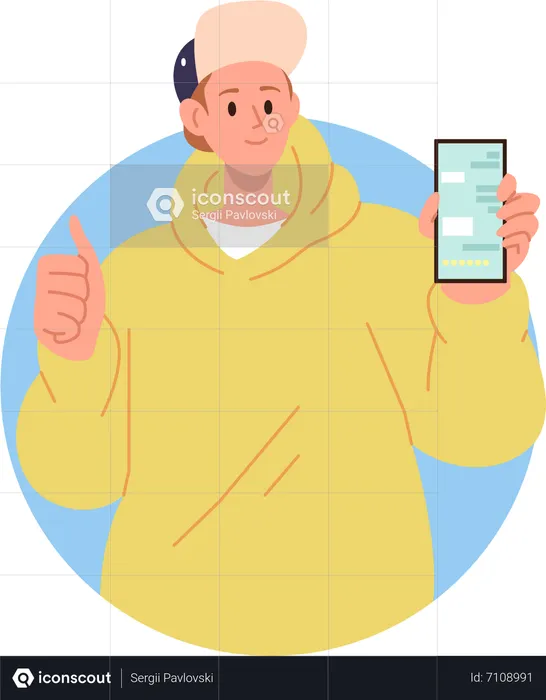 Young teenager boy showing smartphone gesturing thumbs up giving recommendation  Illustration