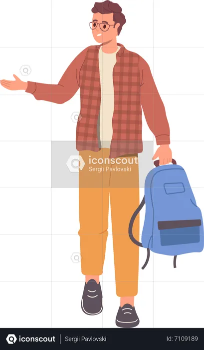 Young teenager boy student walking with backpack stretching hand to say hello  Illustration